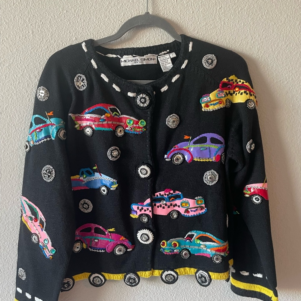 Michael Simon Black Sweater with Colorful Car Motif